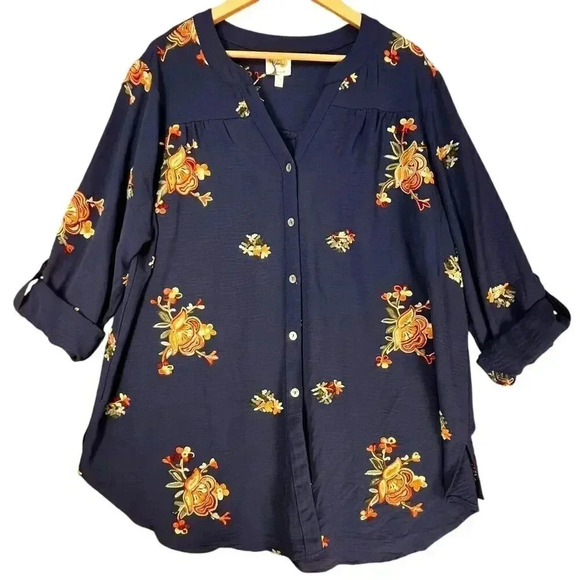 Fig & Flower Women’s Navy Floral Embroidered Long Sleeve Bohemian Blouse 2X - Picture 6 of 6